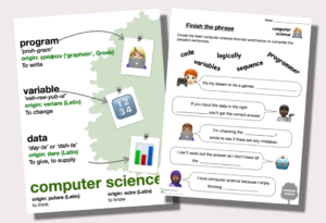 pages from the computer science word roots worksheets