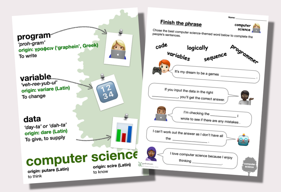 pages from the computer science word roots worksheets